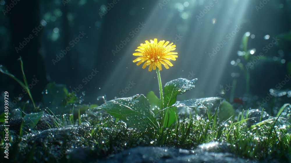 Stunning Yellow Flower in Sunlight with Dew on Grass in Forest Setting