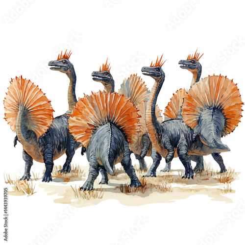 illustration of Herding Pack Of Dimetrodon Creatures, watercolor vector, isolated on a white background.