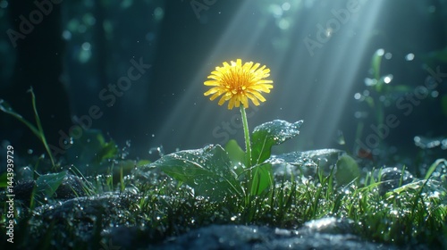 Obraz na płótnie Stunning Yellow Flower in Sunlight with Dew on Grass in Forest Setting w salonie