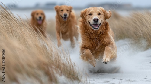 Three golden retrievers running on beach