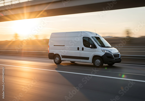 A white van speeds along a highway during sunset, showcasing dynamic motion and delivery.
