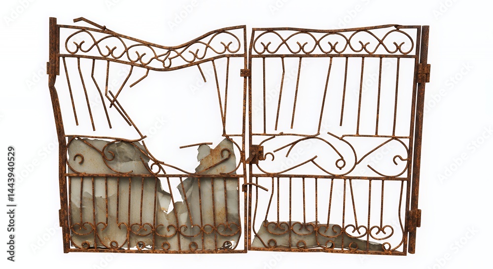 Severely Damaged Rusty Metal Gate Isolated on White Screen Background Displaying Advanced Corrosion Weathering and Neglect Perfect For Decoration Or Illustrative Themes