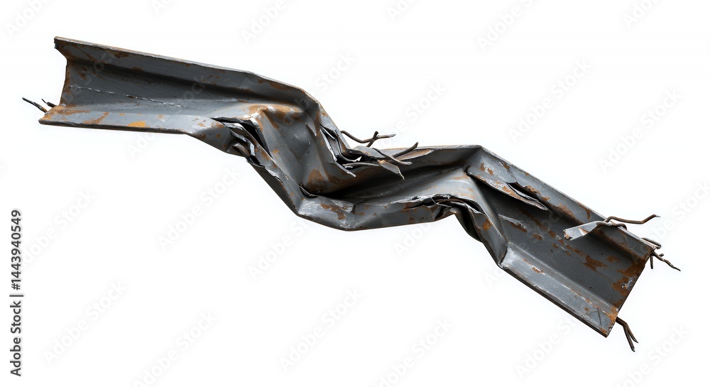 Severely Damaged Steel I Beam Showing Significant Bending Isolated on White Screen Background with Rust and Detailed Textures Perfect for Industrial or Destruction Visuals