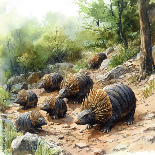 Herding Pack Of Dimetrodon Creatures, vector watercolor illustration, isolated on a white background.