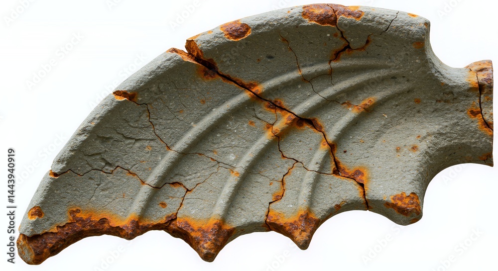 Severely Rusted and Bent Antique Shovel Head Displaying Time's Ravages Isolated on White Screen Background Featuring a Broken Point Against Pristine Backdrop for Ads Promotion