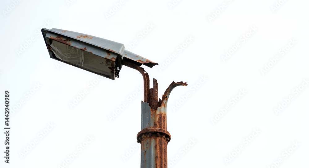 Severely Rusted Broken Iron Lamppost Isolated on White Screen Background Perfect for Decoration and Symbolizing Damage