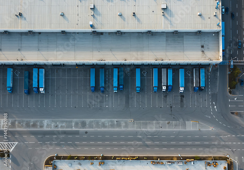 Aerial shot of a busy distribution center with semi-trucks at loading docks for efficient shipping.
