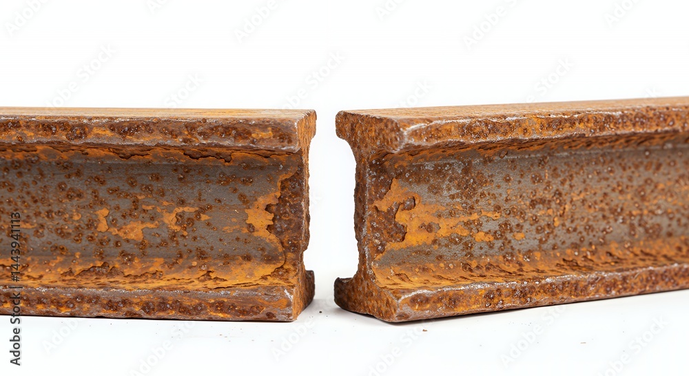 Severely Rusted Steel I-Beam Fragment Snapped in Half Exhibiting Flaking Rust and Structural Failure Isolated on White Screen Background