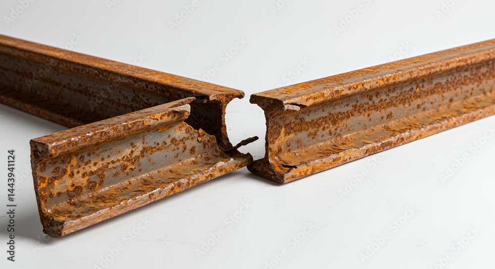 Severely Rusted Steel I Beam Fragment Snapped in Half Isolated on White Screen Background Showing Flaking Rust and Structural Failure in a Studio Setting