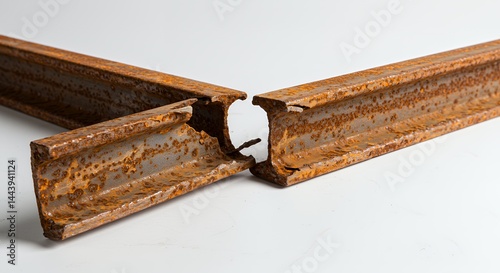 Severely Rusted Steel I Beam Fragment Snapped in Half Isolated on White Screen Background Showing Flaking Rust and Structural Failure in a Studio Setting