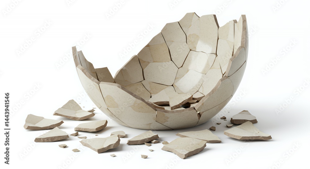 Shattered Ceramic Vase Showing Severe Damage and Decay Isolated on White Screen Background Highlighting Fractured Edges and Surface Imperfections in a Clean Studio Setting
