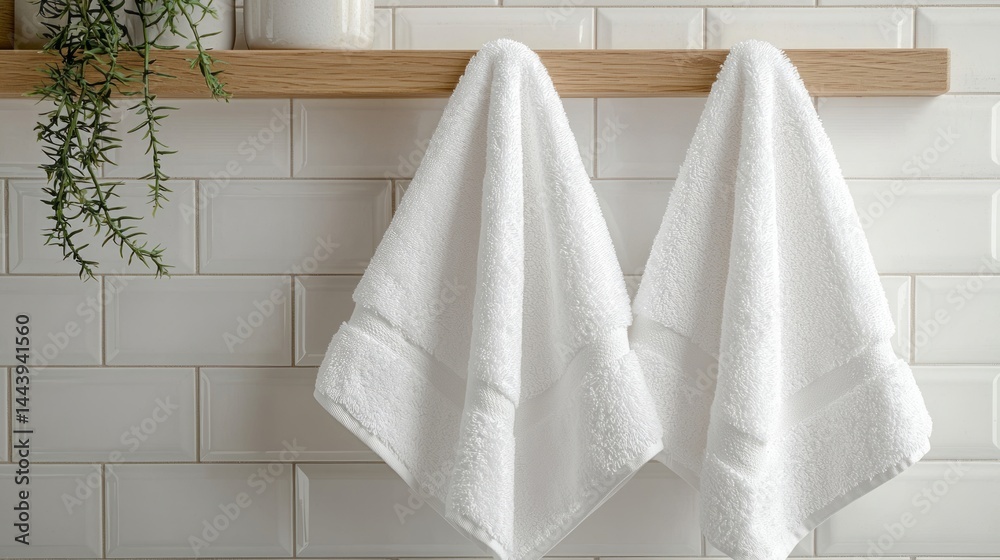 Soft White Towels Hanging on Wooden Shelf in Modern Bathroom Setting