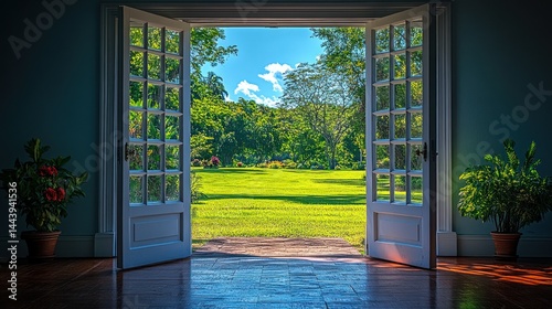 Tranquil garden view from open doors