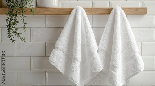 Obraz na płótnie Soft White Towels Hanging on Wooden Shelf in Modern Bathroom Setting w salonie