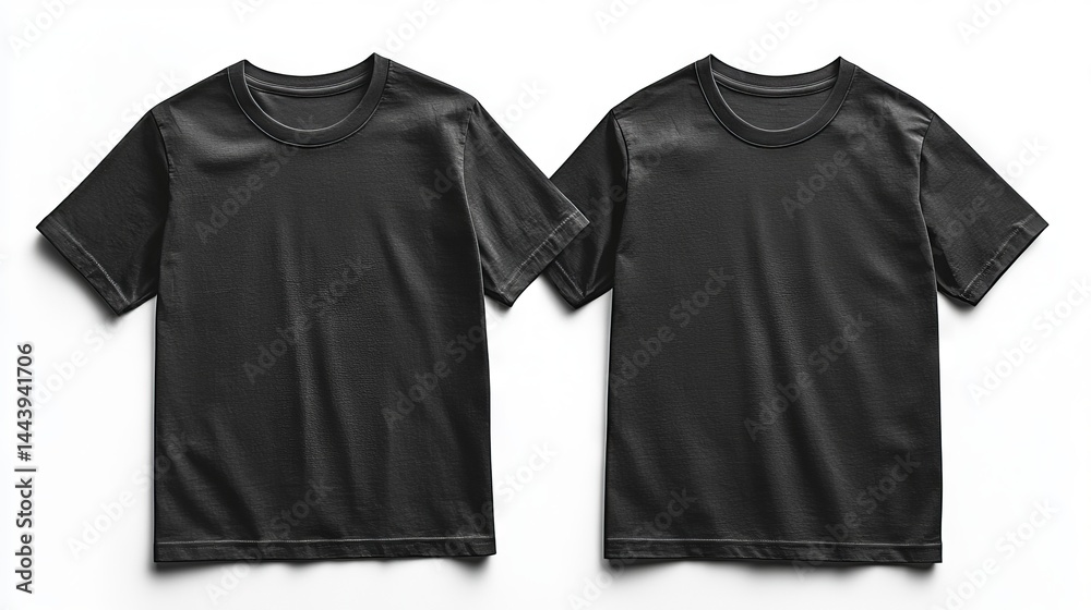 Two Plain Black T-Shirts on a White Background for Clothing Mockup