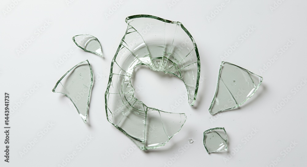 Shattered Glass Bottle Debris Isolated on White Screen Background Featuring Sharp Transparent Shards Perfect for Ads Promotion and Environmentally Conscious Recycle Project