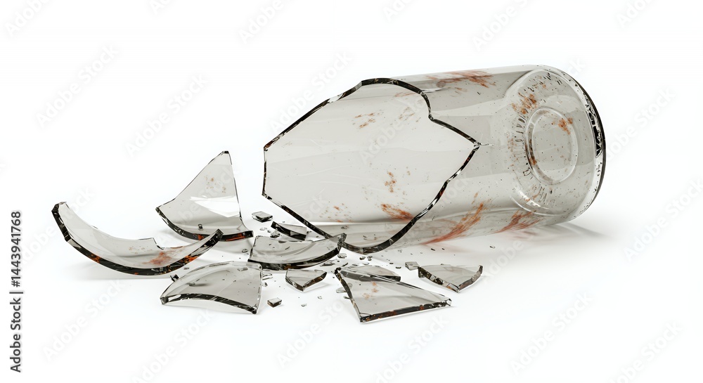 Shattered Glass Bottle Reflecting Environmental Damage Isolated on White Screen Background Exhibiting Rust Like Blemishes Symbolizing Neglect and Decay