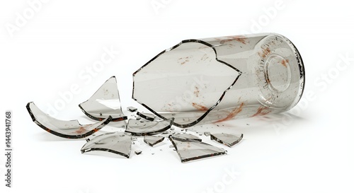 Obraz na płótnie Shattered Glass Bottle Reflecting Environmental Damage Isolated on White Screen Background Exhibiting Rust Like Blemishes Symbolizing Neglect and Decay w salonie