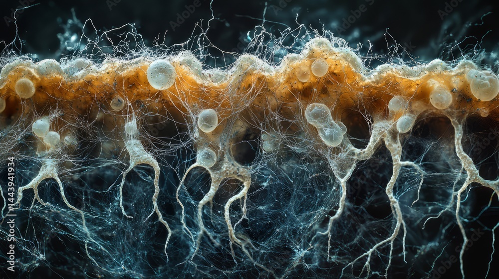 Intricate Network of Microbial Life Under a Microscope Displaying Textures