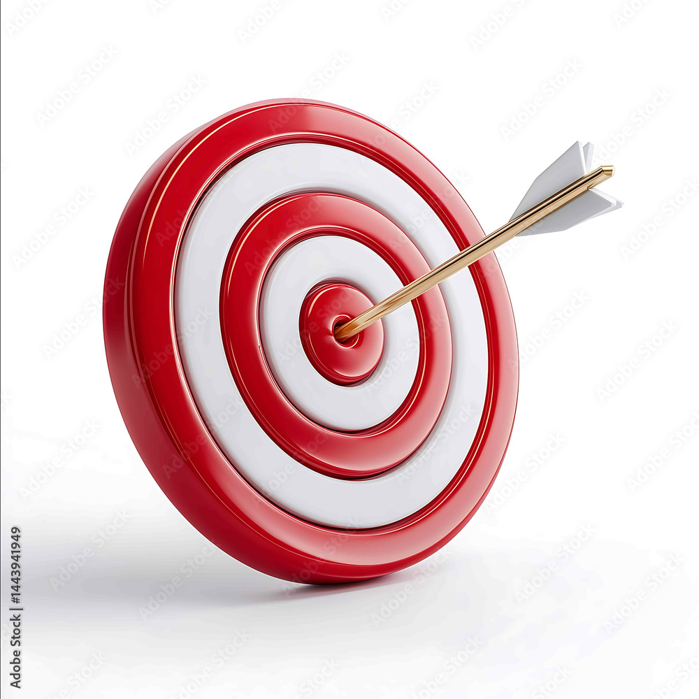 3D icon of a red and white target with an arrow in the center isolated on a white background 3D icon of a red and white target with an arrow in the center isolated on a white background