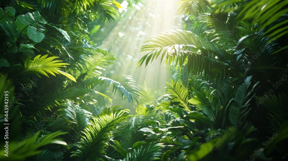 Sunlight Streaming Through Lush Green Jungle Foliage in Nature Scene