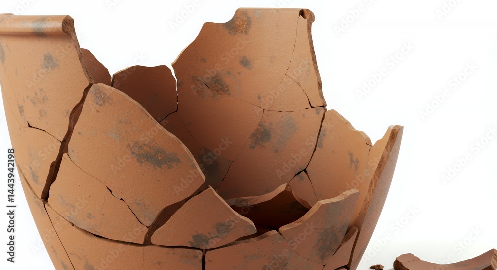 Shattered Terracotta Pot Exhibiting Damage and Breaks Isolated on White Screen Background Perfect for Ads Promotions and Featuring Clean Presentation Ideal for Reuse Recycle or Repair Projects