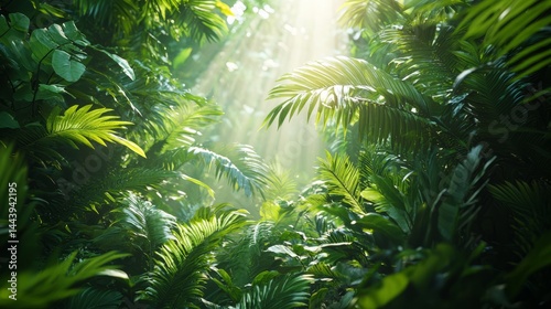 Obraz na płótnie Sunlight Streaming Through Lush Green Jungle Foliage in Nature Scene w salonie