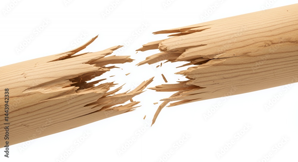 Snapped Wooden Baseball Bat Revealing Internal Grain and Wear Isolated on White Screen Background Presenting Damage and Recycle Concept