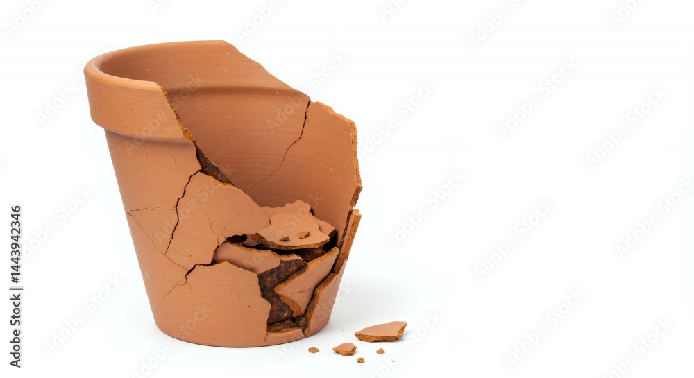 Solitary Crumbling Terracotta Pot Showcasing Damage And Rust Broken In A Way That Reveals Its History Isolated On A White Screen Background With Detailed Textures And Close Up Shot