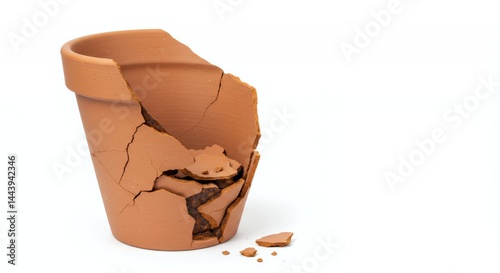 Obraz na płótnie Solitary Crumbling Terracotta Pot Showcasing Damage And Rust Broken In A Way That Reveals Its History Isolated On A White Screen Background With Detailed Textures And Close Up Shot w salonie