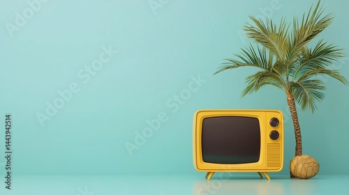 Retro yellow TV with tropical palm tree on teal background
