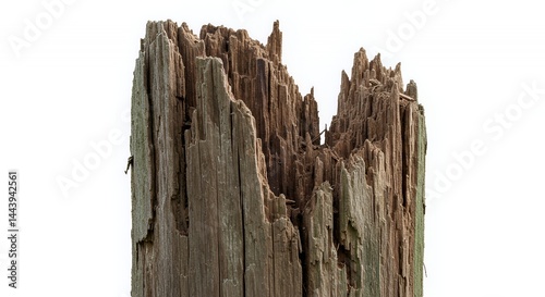 Obraz na płótnie Splintered Rotten Wooden Fence Post Revealing Extensive Damage And Decay Isolated On White Screen For Ads And Promotion Blank Clean Clear Studio Object w salonie