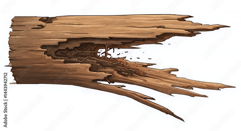 Splintered Wooden Beam with Insect Damage and Cracks Isolated on White Screen Backdrop for Ads and Promotion Representing Repair and Reuse