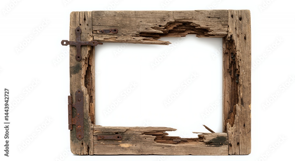 Splintered Wooden Door Frame Section Displaying Rot And Broken Hinges Isolated On White Screen Background In Detailed Close Up Shot