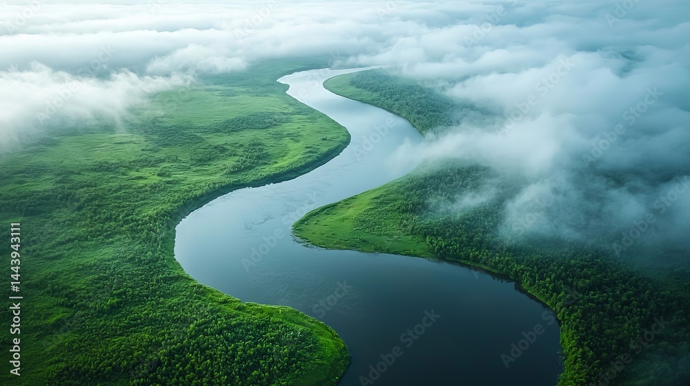 Serene Aerial View of Winding River Surrounded by Lush Green Forest