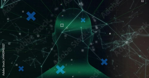 Animated green mesh silhouette glowing in dark network grid, linking data nodes and blue X markers