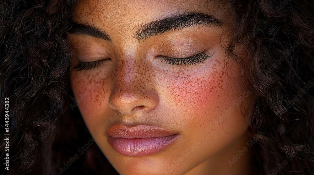 Close-up portrait of a woman with freckles and blush