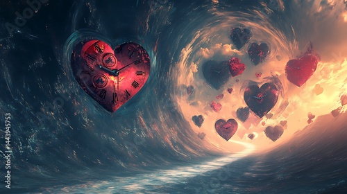 Heart shaped clock and floating hearts symbolizing love and time