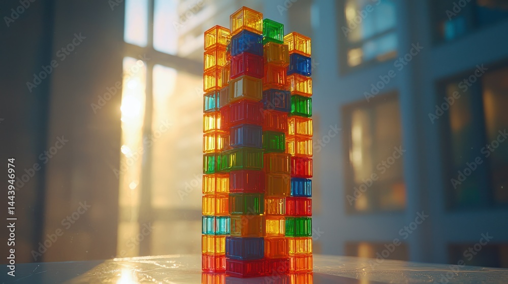 Colorful translucent block tower against a sunlit city backdrop