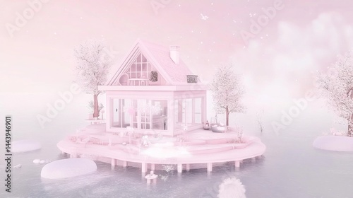 Pastel pink cabin on an island paradise.