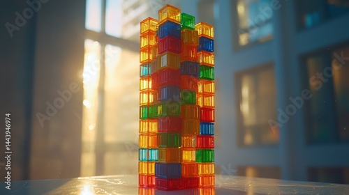 Obraz na płótnie Colorful translucent block tower against a sunlit city backdrop w salonie