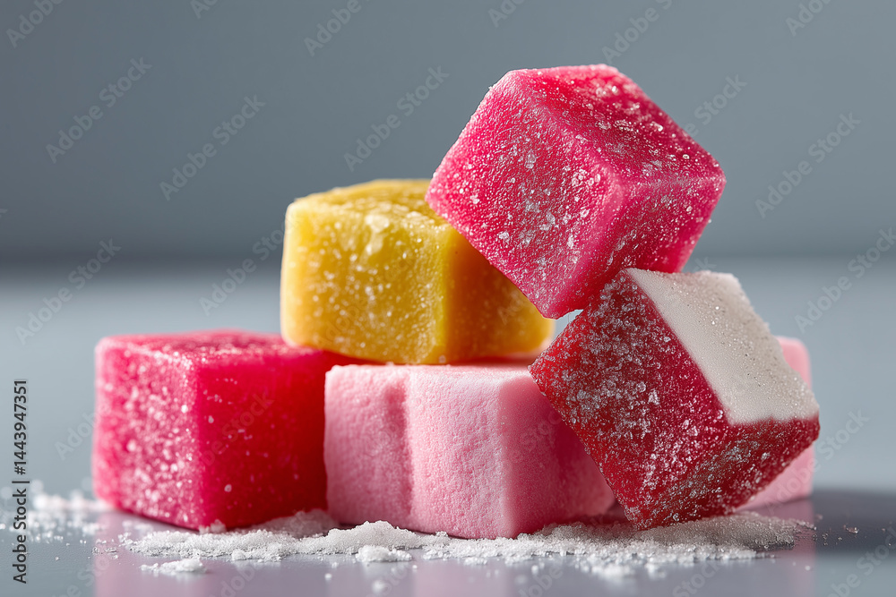 Vibrant sugar cubes stacked artistically against a clean grey background. Delightful confectionery setting filled with textures and colors. Concept of candy shop, desserts, event catering Vibrant sugar cubes stacked artistically against a clean grey background. Delightful confectionery setting filled with textures and colors. Concept of candy shop, desserts, event catering