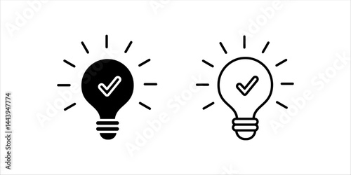 black bulb with checkmark like quick tip icon set. flat stroke linear simple trend modern efficiency logotype design element isolated on white. concept of visionary info pictogram or conclusion symbol