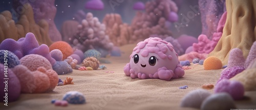 A cute, pink, octopus-like creature sits on a sandy seabed surrounded by pastel-colored coral