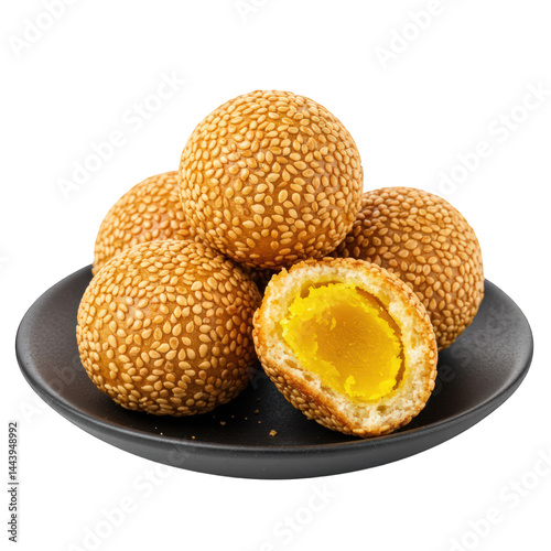 Onde-onde, Indonesian Street food. Onde-onde dessert. Sesame Balls with Sweet Filling on a Plate