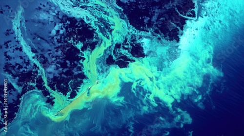 Satellite View of Deepsea Blue and Lime Green Oil Separation: High-Resolution Digital Rendering for Environmental Monitoring, Scientific Research, or Climate Studies