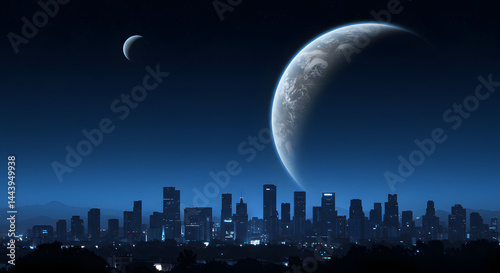 Cityscape Silhouette Under a Crescent Moon and Celestial Body: A Dark, Futuristic Artwork