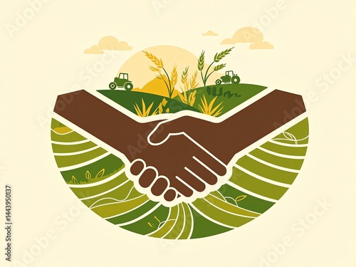 Handshake in agricultural landscape symbolizes cooperation.