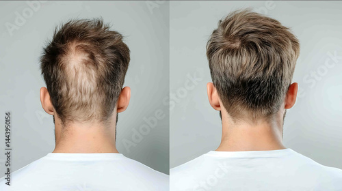 A professionalgrade backview beforeandafter collage zoomed out by 15x left square frame showing the same man with severe alopecia almost no hair visible bald spots receding hairline