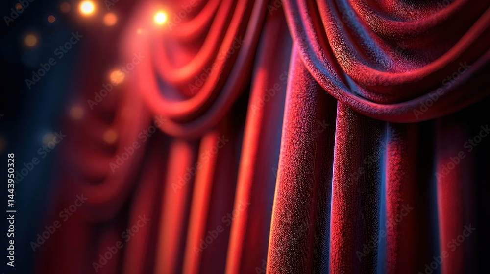 Crimson theater drapes, illuminated